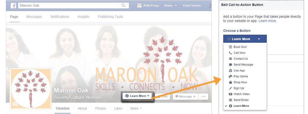 Facebook Call to action button on The Maroon Oak Page